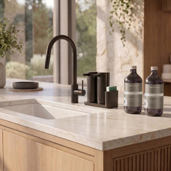 Simplehuman bezdotykový dávkovač, dvojitý, 2x 414 ml + držák na houbičku, černohnědá bronz