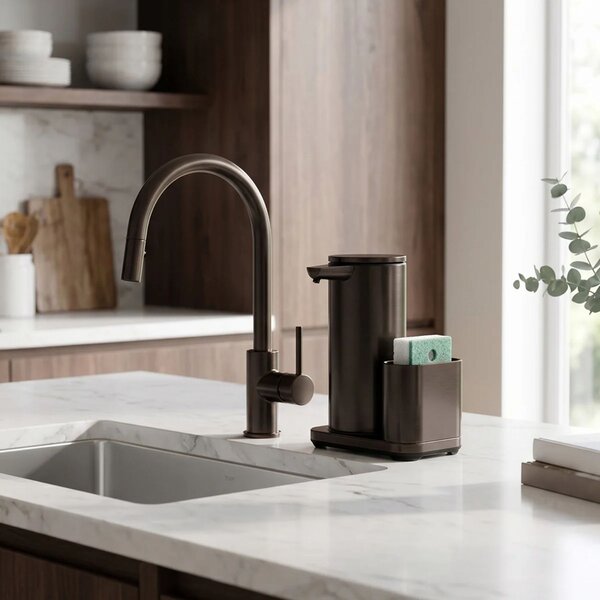 Simplehuman bezdotykový dávkovač – 414 ml + držák na houbičku, černohnědá bronzová ocel