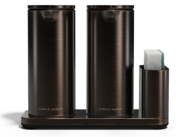 Simplehuman bezdotykový dávkovač, dvojitý, 2x 414 ml + držák na houbičku, černohnědá bronz