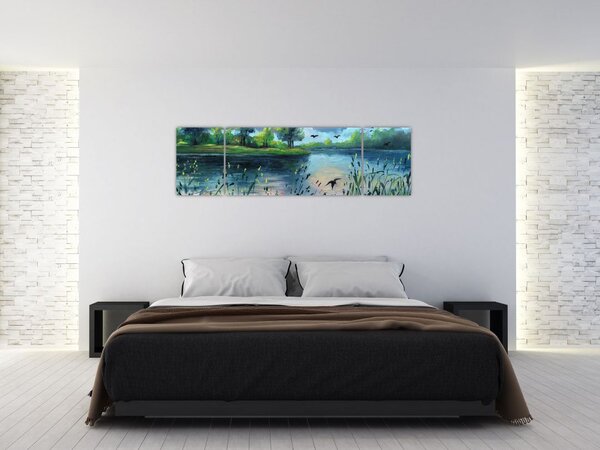 Obraz - Olejomalba, Letní podvečer u jezera (170x50 cm)