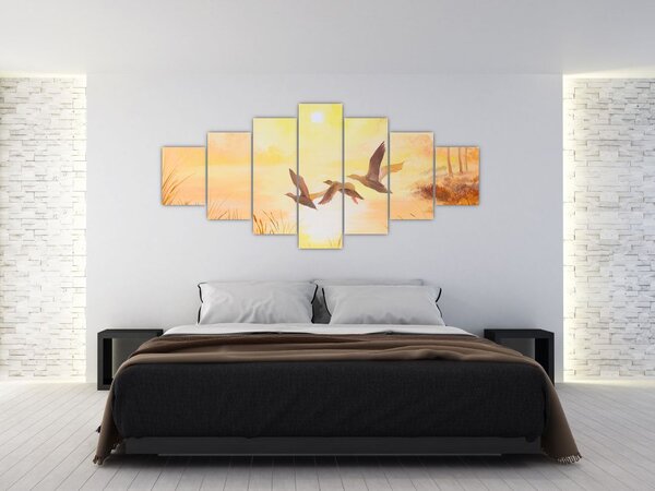 Obraz - Jeřábi při západu slunce (210x100 cm)