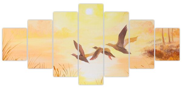 Obraz - Jeřábi při západu slunce (210x100 cm)