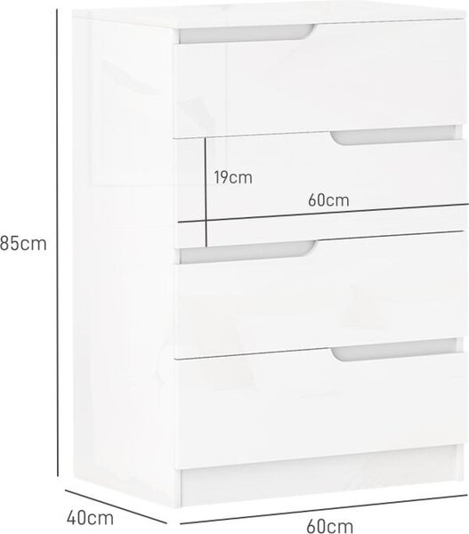 Komoda Moonbite se 4 zásuvkami, rozměry 60 × 40 × 85 cm, bez úchytek, s lesklou přední stranou, výsuvy z oceli a bezpečnostním systémem proti převrácení, vyrobená z dřevotřísky, barva bílá
