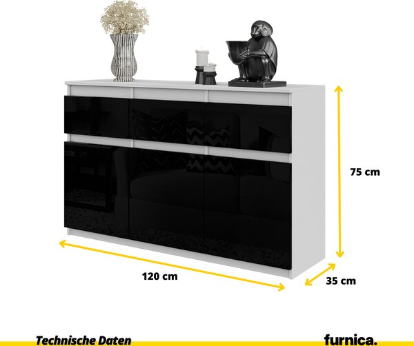 FURNICA - NOAH - Komoda / příborník se 3 zásuvkami a 3 dvířky - bílý mat / černý lesk V75cm Š120cm H35cm