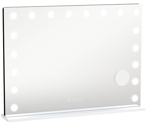 Zrcadlo Moonbite Hollywood, rozměry 80 × 60 cm, 18 stmívatelných LED diod, 3 barevné režimy, RGB, Bluetooth, 10násobné zvětšení, sklo, bílá barva