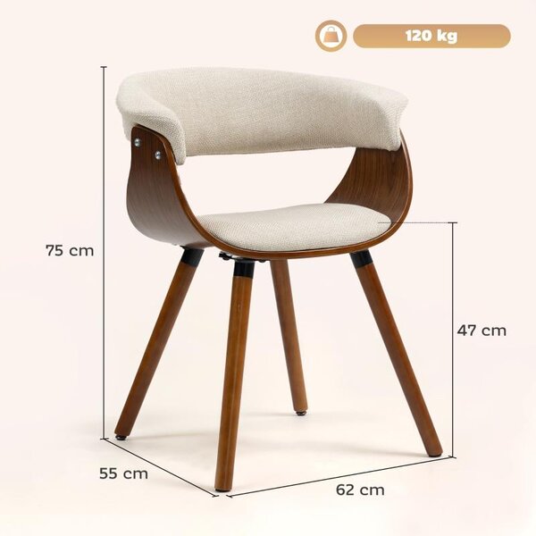 Jídelní židle Moonbite s opěradlem, rozměry 62 × 55 × 75 cm, čalouněná židle s vzhledem lněného materiálu, zakřivené dřevěné nohy, nosnost do 120 kg, materiál: polyester, barva: béžová