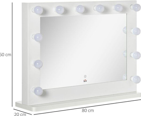 Zrcadlo Moonbite Hollywood s osvětlením, 80 × 60 cm, kosmetické zrcadlo s 12 stmívatelnými LED diodami, dotykovým ovládáním a funkcí paměti, materiál: železo, barva: bílá