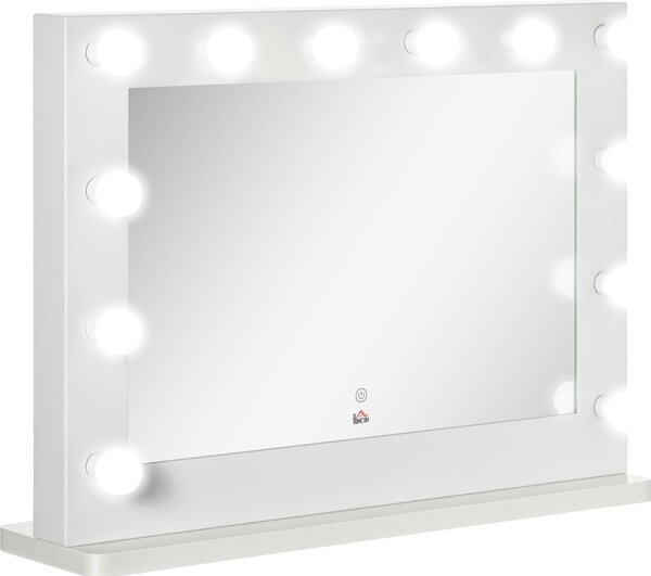 Zrcadlo Moonbite Hollywood s osvětlením, 80 × 60 cm, kosmetické zrcadlo s 12 stmívatelnými LED diodami, dotykovým ovládáním a funkcí paměti, materiál: železo, barva: bílá