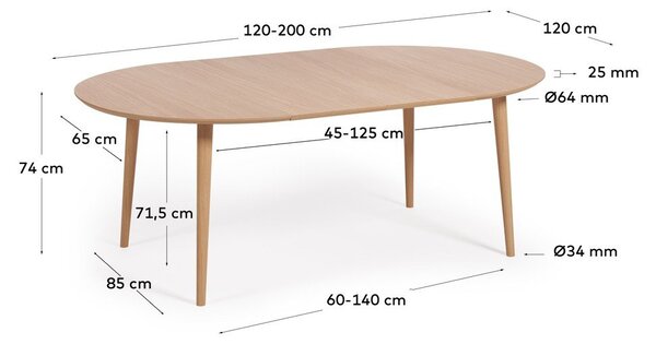 Rozkládací jídelní stůl v dekoru dubu v přírodní barvě ø 120 cm Oqui – Kave Home
