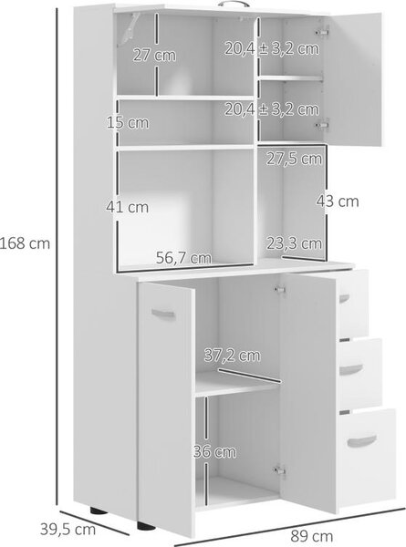 Kuchyňská skříň Moonbite, rozměry 89 x 39,5 x 168 cm, s 3 zásuvkami, 2 horními skříňkami a 3 policemi, s nastavitelnými policemi, s ochranou proti převrácení, materiál: dřevo, barva: bílá