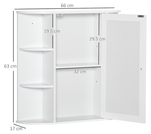 Zrcadlová skříňka Moonbite do koupelny, rozměry 66 × 17 × 63 cm, nástěnná skříňka se zrcadlovými dvířky, otevřenými bočními přihrádkami a knoflíkovou rukojetí, voděodolná, materiál: dřevo, barva: bílá