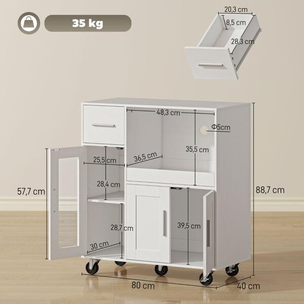 Mobilní kuchyňská komoda Moonbite na kolečkách, šířka 80 cm, se zásuvnou deskou, otvorem pro kabely, zásuvkou, 2 skříňkami, policí, vyrobená z dřeva, barva bílá