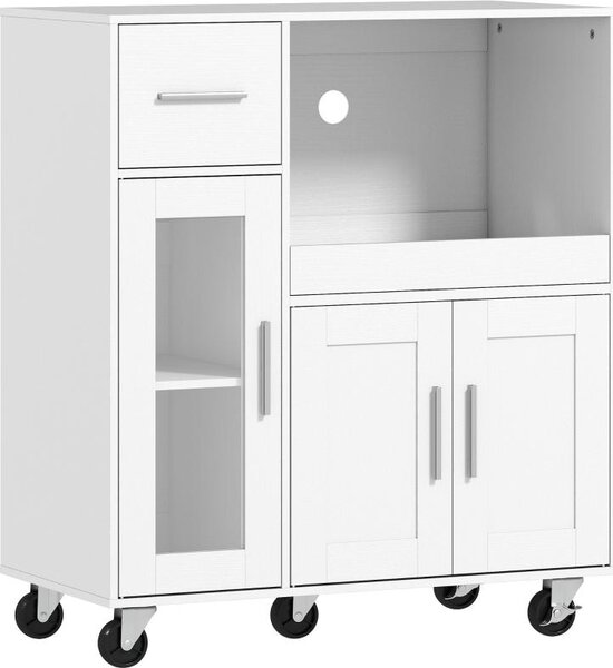 Mobilní kuchyňská komoda Moonbite na kolečkách, šířka 80 cm, se zásuvnou deskou, otvorem pro kabely, zásuvkou, 2 skříňkami, policí, vyrobená z dřeva, barva bílá