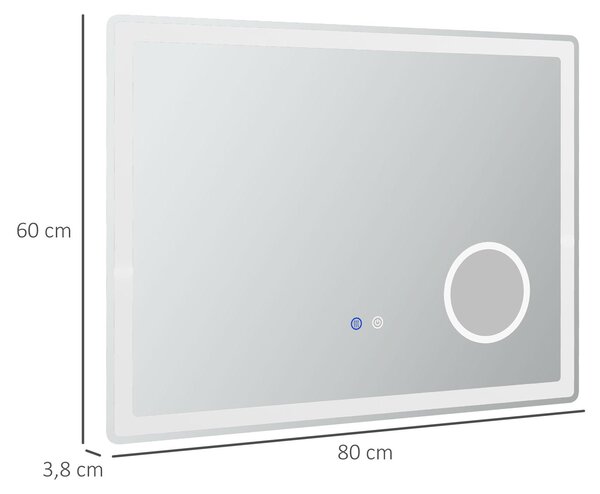 Zrcadlo do koupelny Moonbite LED, 80 x 60 cm, s 3násobným zvětšením, s funkcí proti zamlžování, dotykové ovládání, 3 barvy světla, stmívatelné, materiál: železo, barva: bílá