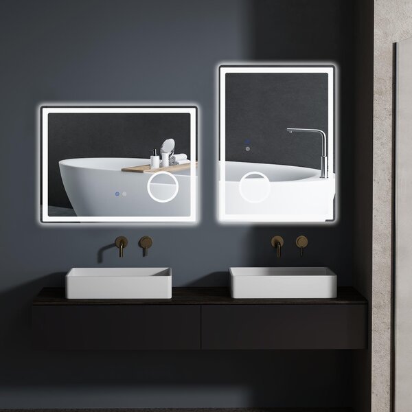 Zrcadlo do koupelny Moonbite LED, 80 x 60 cm, s 3násobným zvětšením, s funkcí proti zamlžování, dotykové ovládání, 3 barvy světla, stmívatelné, materiál: železo, barva: bílá