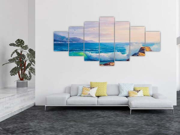 Obraz vln narážejících na útesy, olejomalba (210x100 cm)