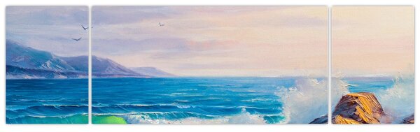 Obraz vln narážejících na útesy, olejomalba (170x50 cm)
