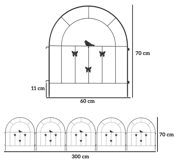 Dekorativní plot s motivem motýlů a ptáků, 5 dílů o rozměrech 60 × 70 cm, s prohnutým horním okrajem, odolný ocelový plot pro okrasné záhony, ocel, černá barva