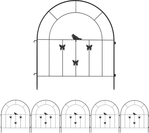 Dekorativní plot s motivem motýlů a ptáků, 5 dílů o rozměrech 60 × 70 cm, s prohnutým horním okrajem, odolný ocelový plot pro okrasné záhony, ocel, černá barva