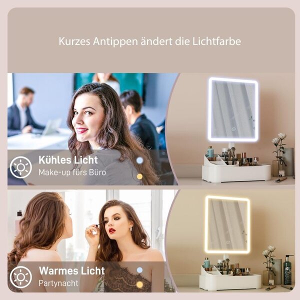 LED kosmetické zrcadlo Moonbite s úložným prostorem, nabíjecí akumulátor 1000 mAh, typ C, 2 teploty světla, dotykové stmívání, otočné o 180°, plast, bílá barva