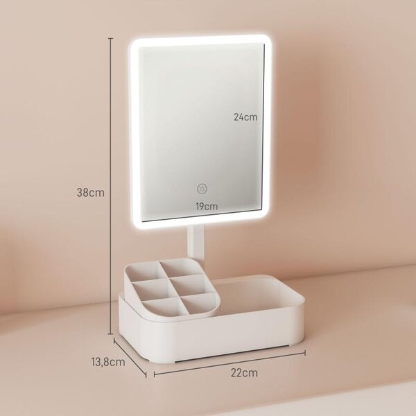 LED kosmetické zrcadlo Moonbite s úložným prostorem, nabíjecí akumulátor 1000 mAh, typ C, 2 teploty světla, dotykové stmívání, otočné o 180°, plast, bílá barva