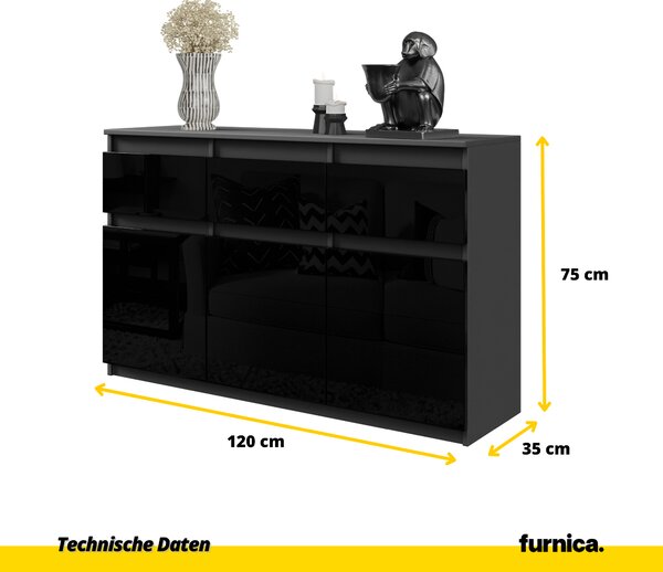 FURNICA - NOAH - Komoda / příborník se 3 zásuvkami a 3 dvířky - antracitově šedá / černý lesk V75cm Š120cm H35cm