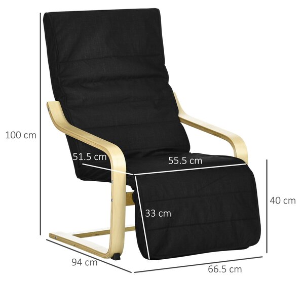 Relaxační křeslo Moonbite, otočné, s 5 stupni nastavení opěrky nohou, velká polstrování, konstrukce z břízy, ochrana podlahy, polyester, černá barva