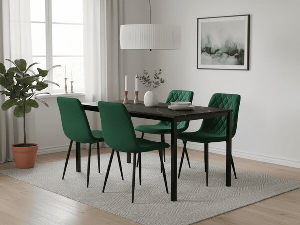 Jídelní set 1 + 4, černý stůl RAMOD 100x60 cm mramorový dekor + zelená židle TURIN s černými nohami