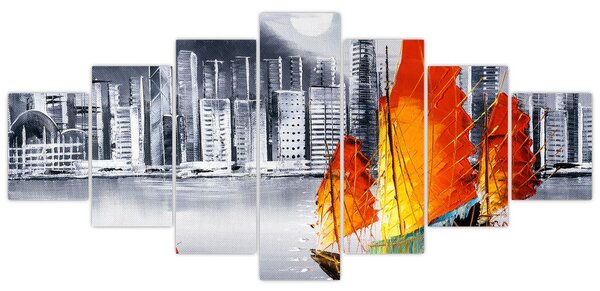 Obraz - Victoria Harbor, Hong Kong, černobílá olejomalba (210x100 cm)