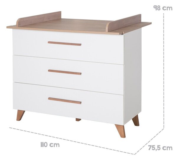 Nízká dětská komoda v dekoru dubu s přebalovacím pultem v bílo-přírodní barvě 110x98 cm – Roba