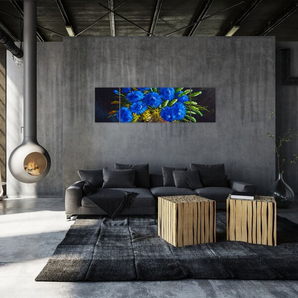 Obraz modrých květů ve váze (170x50 cm)