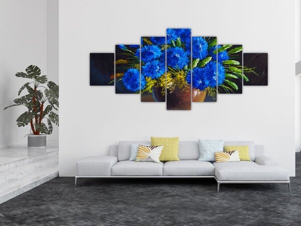 Obraz modrých květů ve váze (210x100 cm)