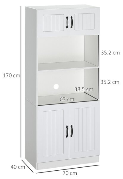 Kuchyňská skříň Moonbite, výška 170 cm, šířka 70 cm, s otevřenou přihrádkou uprostřed pro mikrovlnnou troubu, 4 vnitřní police, úchytky s antikovaným vzhledem, ochrana proti převrácení, vyrobená z MDF desky, barva bílá