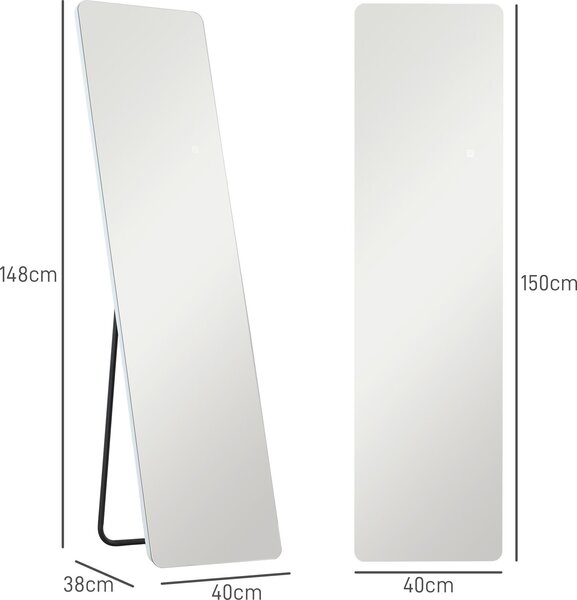 Zrcadlo na celé tělo Moonbite, rozměry 150 × 40 cm, s LED osvětlením, stojací zrcadlo s 3 barvami světla, stmívatelné dotykem, bez rámu, bezpečnostní sklo, kov, průhledné