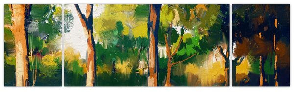 Obraz lesa v letním slunci, malba (170x50 cm)