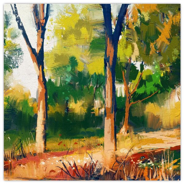 Obraz lesa v letním slunci, malba (30x30 cm)