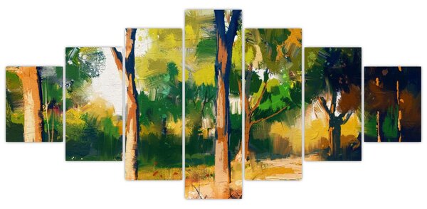 Obraz lesa v letním slunci, malba (210x100 cm)