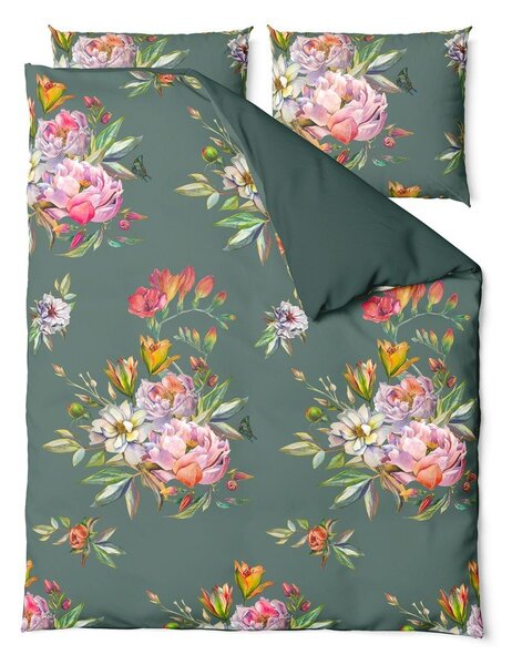 Tmavě zelené povlečení na dvoulůžko z bavlněného saténu Bonami Selection Floret, 200 x 220 cm