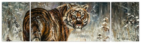 Obraz - Tygr v zasněženém lese, olejomalba (170x50 cm)
