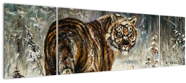 Obraz - Tygr v zasněženém lese, olejomalba (170x50 cm)
