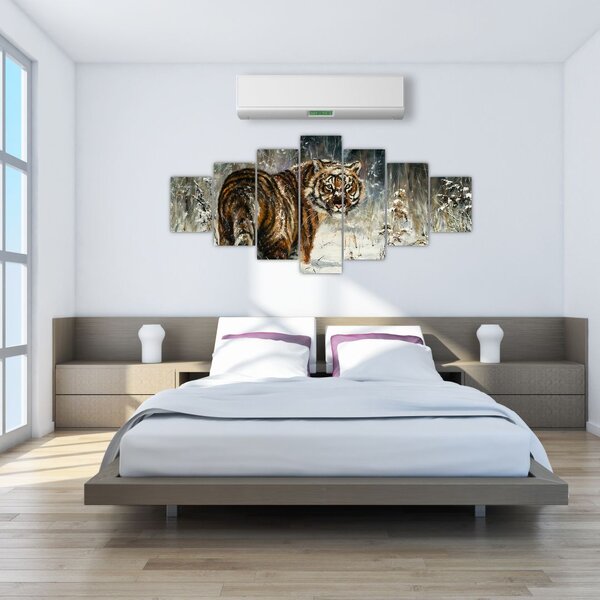 Obraz - Tygr v zasněženém lese, olejomalba (210x100 cm)