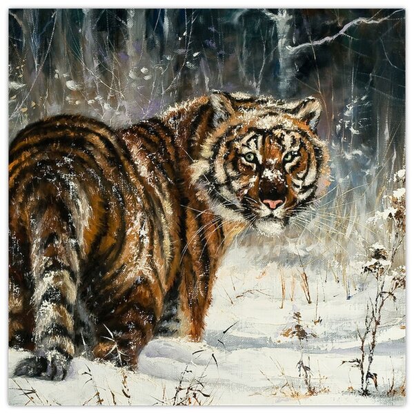 Obraz - Tygr v zasněženém lese, olejomalba (30x30 cm)