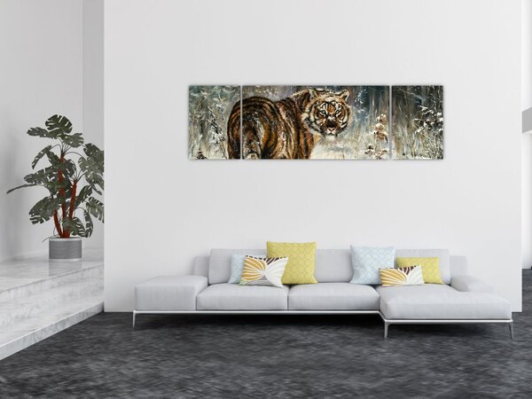 Obraz - Tygr v zasněženém lese, olejomalba (170x50 cm)