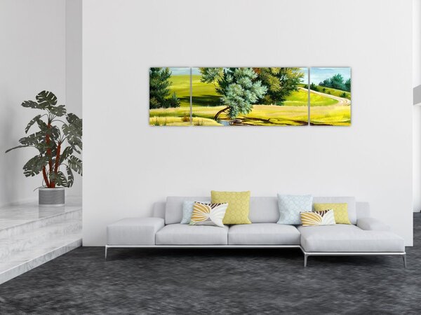 Obraz - Řeka mezi loukami, olejomalba (170x50 cm)