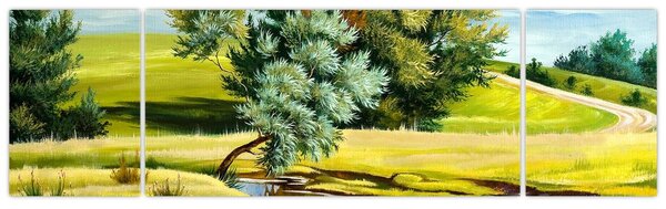 Obraz - Řeka mezi loukami, olejomalba (170x50 cm)
