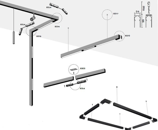 Mantra 9300 Magneto 48V, bílá přisazená kolejnice pro magnetický systém, 200cm, vysoká