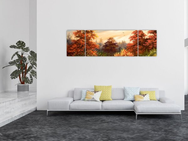 Obraz řeky v podzimní krajině, olejomalba (170x50 cm)