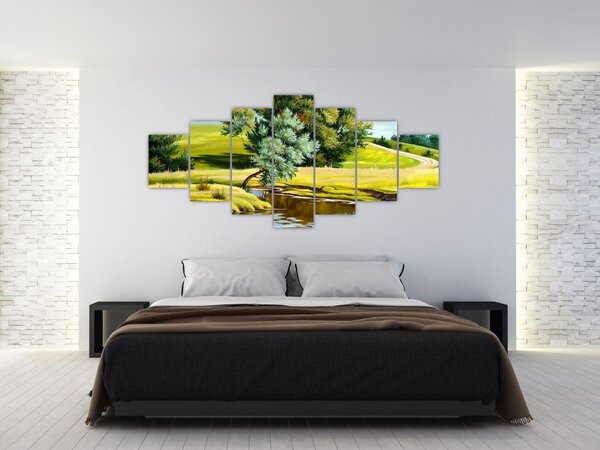 Obraz - Řeka mezi loukami, olejomalba (210x100 cm)