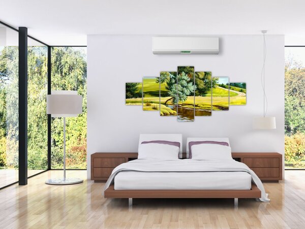 Obraz - Řeka mezi loukami, olejomalba (210x100 cm)