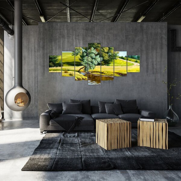 Obraz - Řeka mezi loukami, olejomalba (210x100 cm)